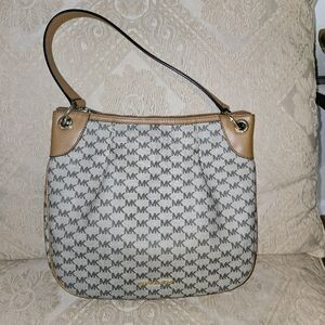 Michael Kors Beige/brown Signature Coated Canvas & Leather Jet Set Hobo